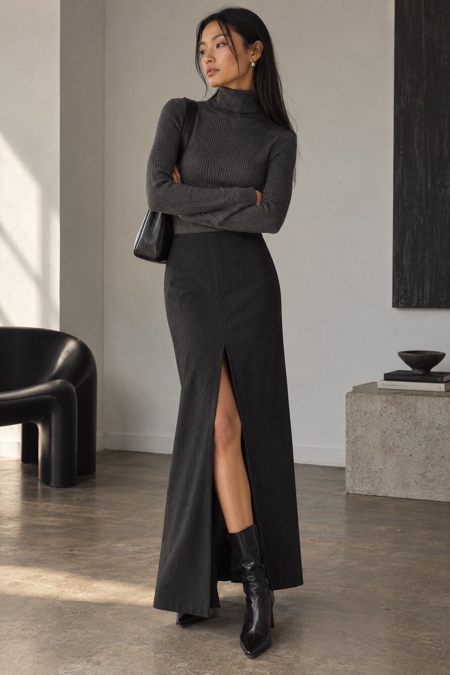 Vertigo Paris 90s Minimalist Black Maxi Pencil Skirt Front Slit Size 4